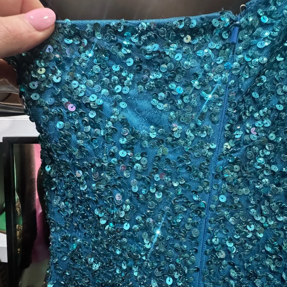 Teal Sequin One-Shoulder Gown - Picture 3 of 5